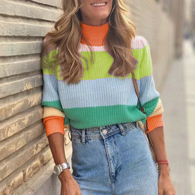 Contrast Turtleneck Long Sleeve Loose Sweater-ABOXUN