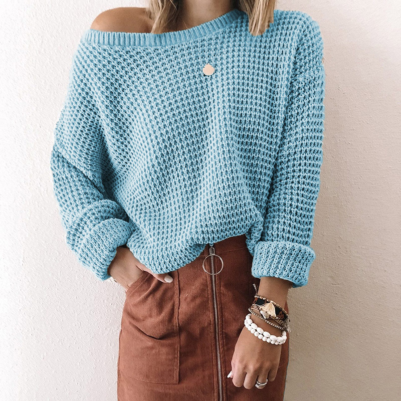 Loose Solid Color Inclined Collar Long Sleeve Knitted Sweater-ABOXUN