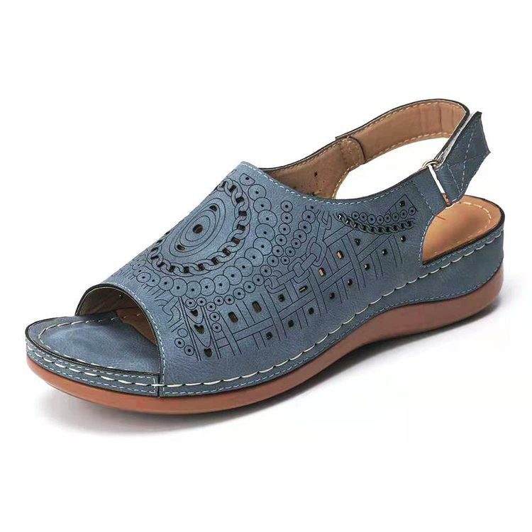 Grishay Ethnic Pattern Punched Hollow Velcro Vintage Sandals-ABOXUN