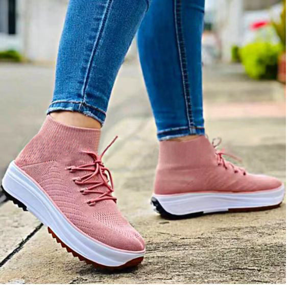 Lace-up Contrast Paneled Knit Slip On Sneakers-ABOXUN