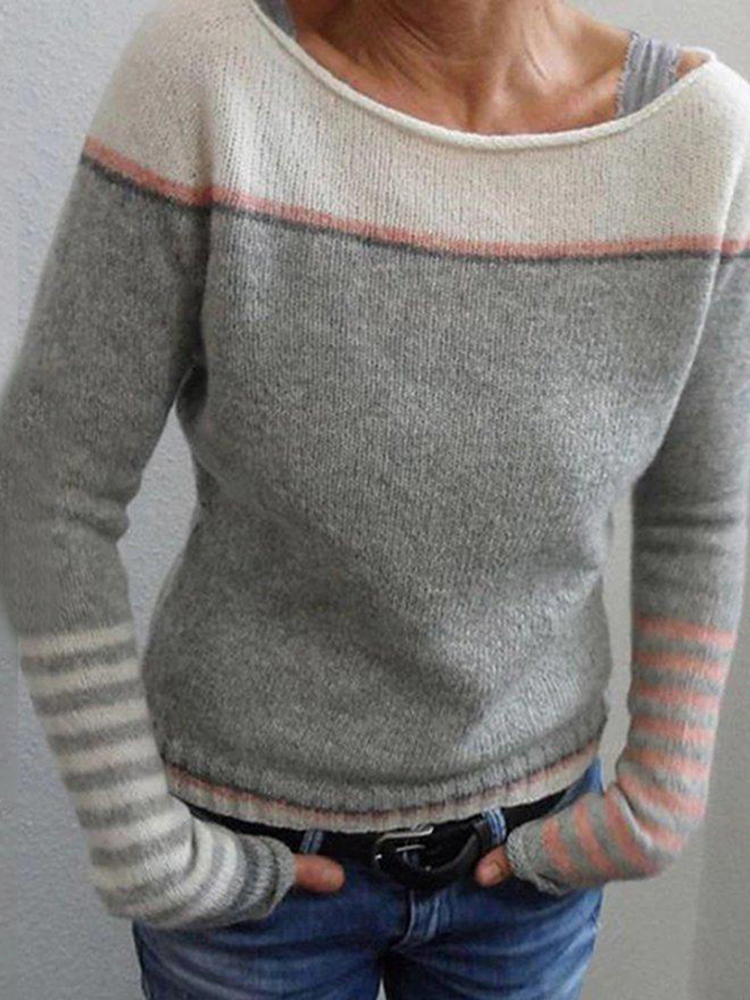 Casual Solid Patchwork Striped Contrast Sweater-ABOXUN