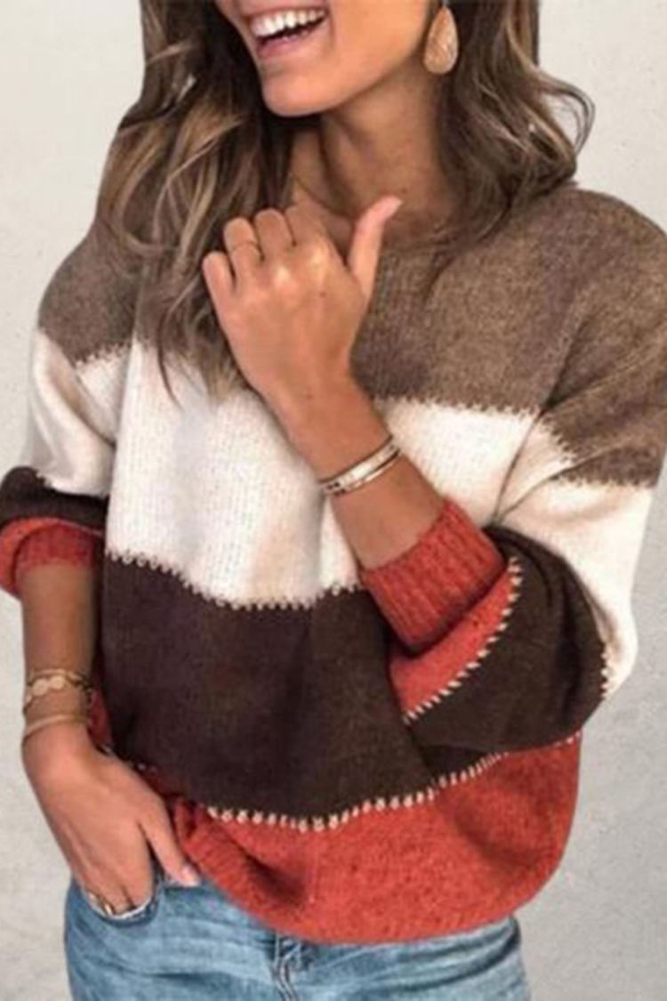 Casual Contrast Striped Loose Crew Neck Sweater-ABOXUN