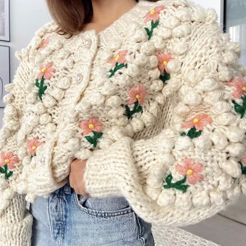 Chain Link Embroidered Floral Pearl Knit Cardigan-ABOXUN