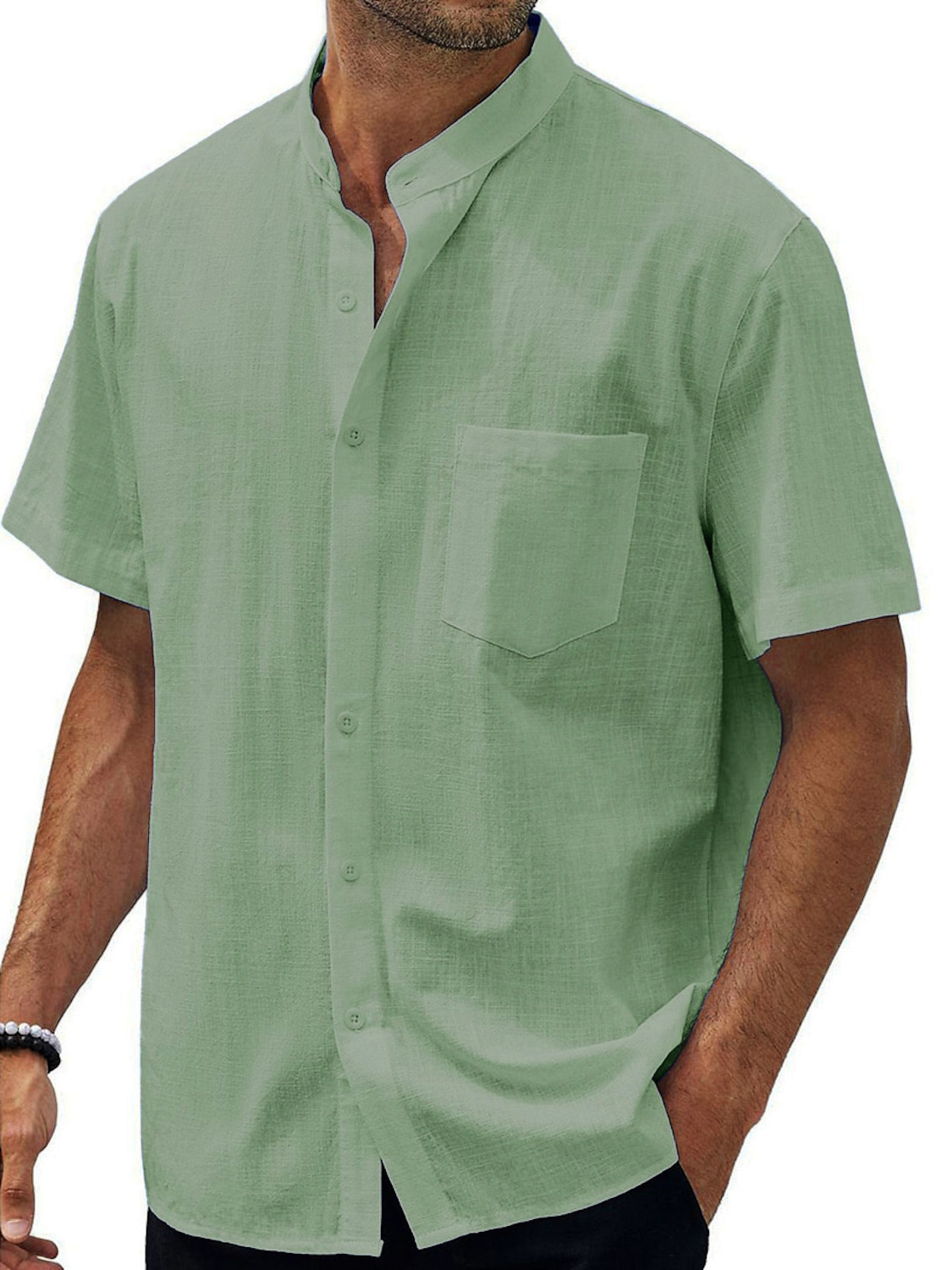 Men's Hawaiian Casual Beach Stand Collar Pocket Short Sleeves Shirt