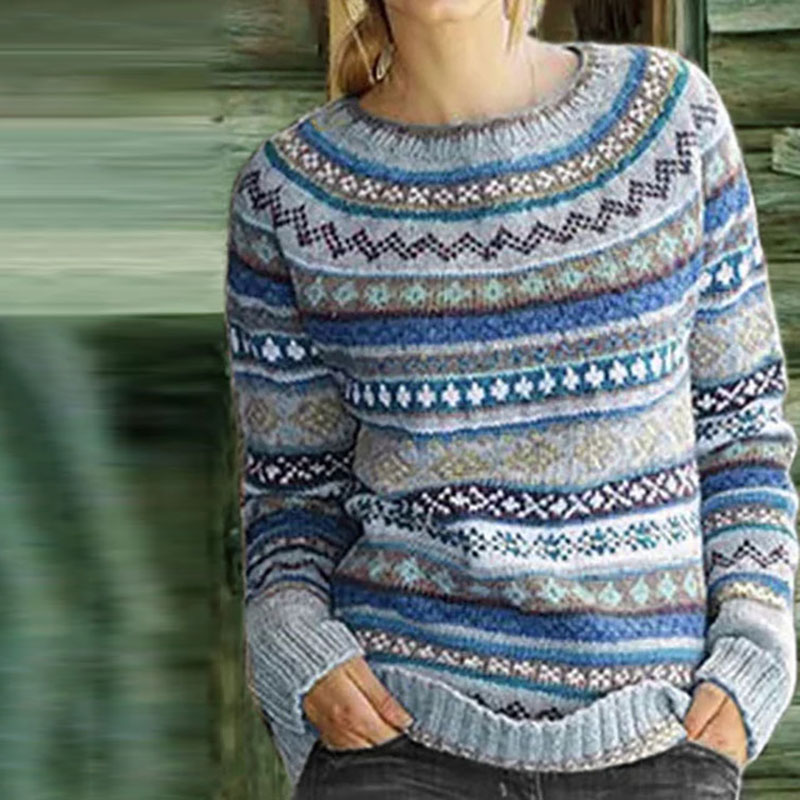 Vintage Ethnic Pattern Crew Neck Sweater-ABOXUN