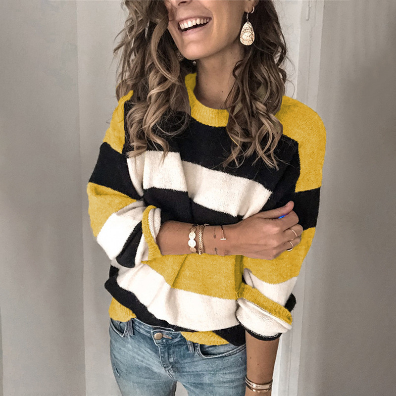 Vintage Contrast Striped Knit Pullover Loose Sweater-ABOXUN