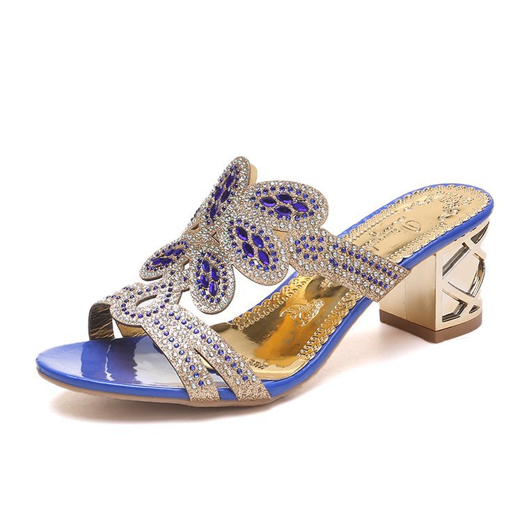 Women High Heels Slipper Peep Toe Hollow Out Crystals Slip On Beach Flip Flops Sandals-ABOXUN