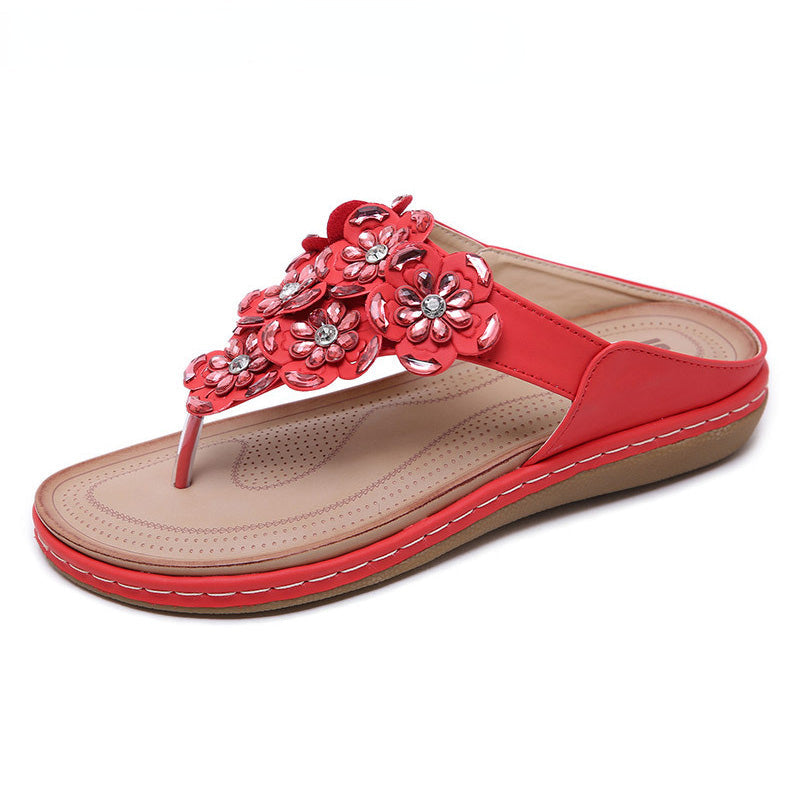 Bohemian Rhinestones Flower Beach Flip Flops Large Size Comfortable Sandals-ABOXUN