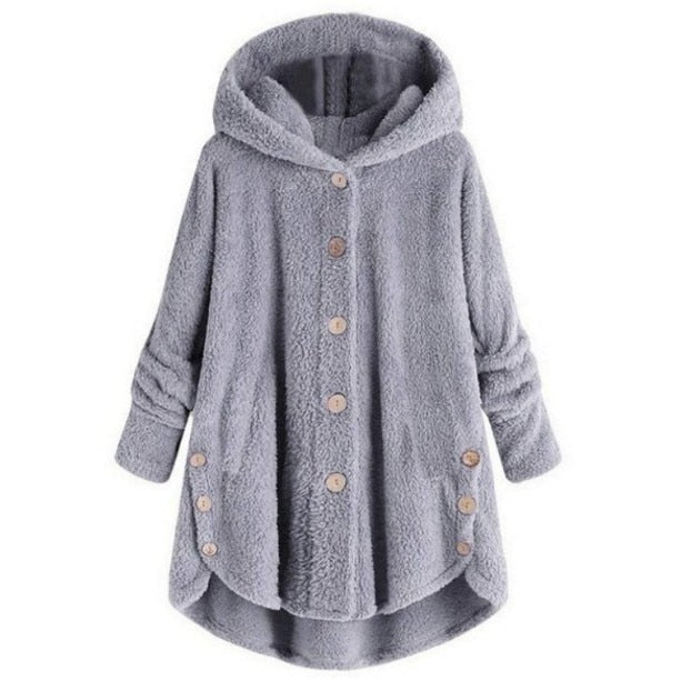 Women Warm Plus Size Button Plush Tops Ladies Hooded Cardigan Wool Coat Jacket-ABOXUN