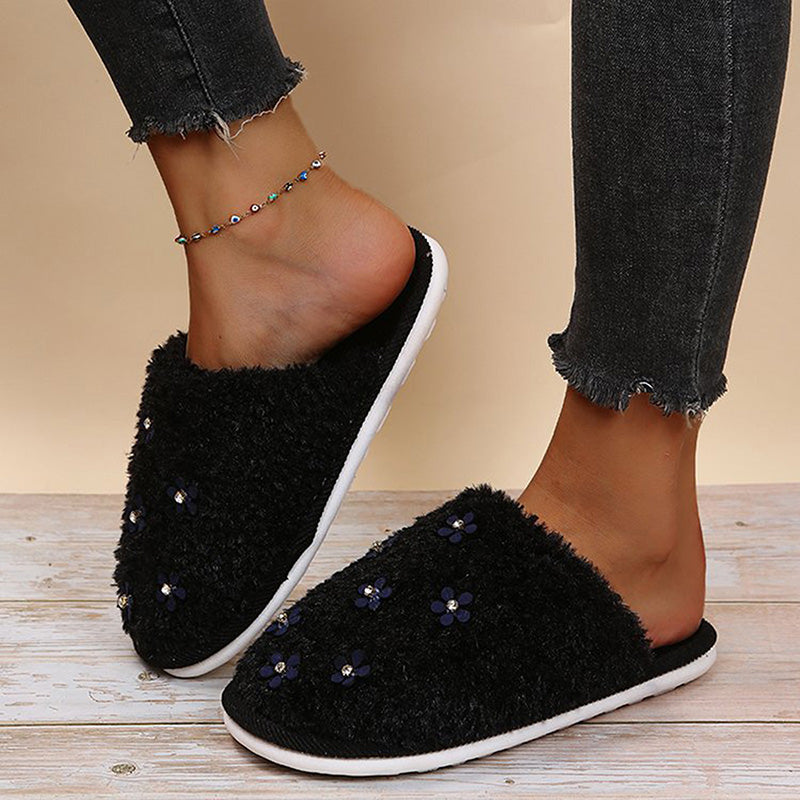 Rhinestone Flower Decorated Fluffy Closed Toe Flat Cotton Slippers-ABOXUN