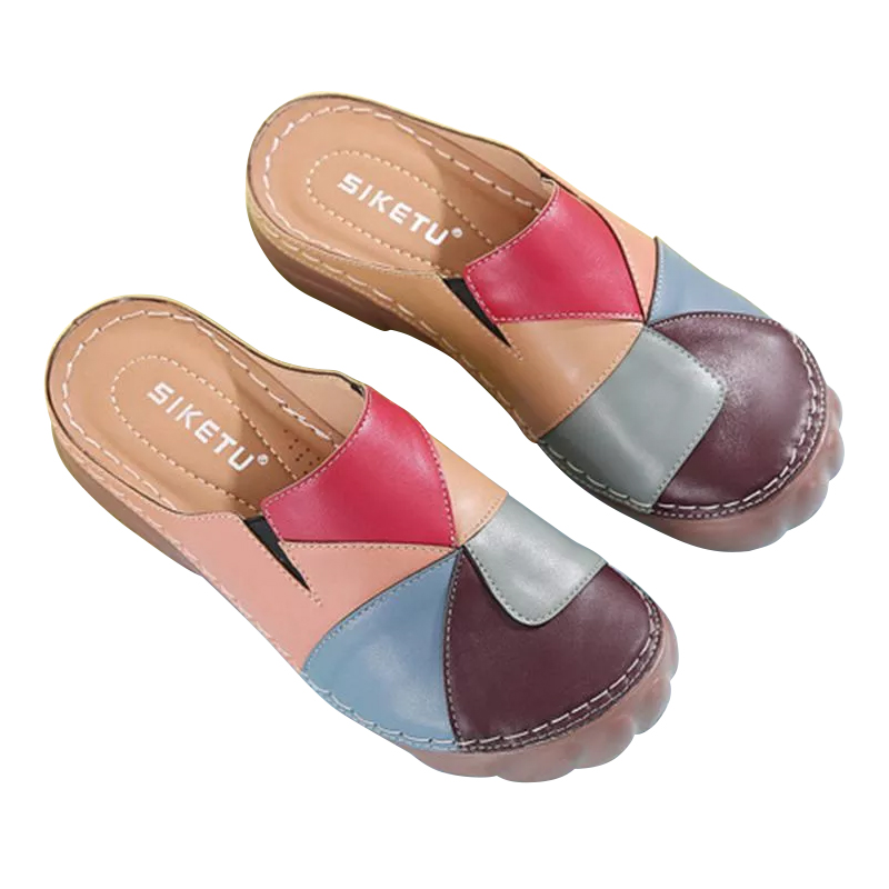 Women Comfortable Slip On Color Block Mules Slippers-ABOXUN