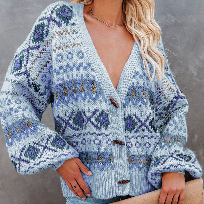 Vintage Contrast Print Sweater Cardigan-ABOXUN