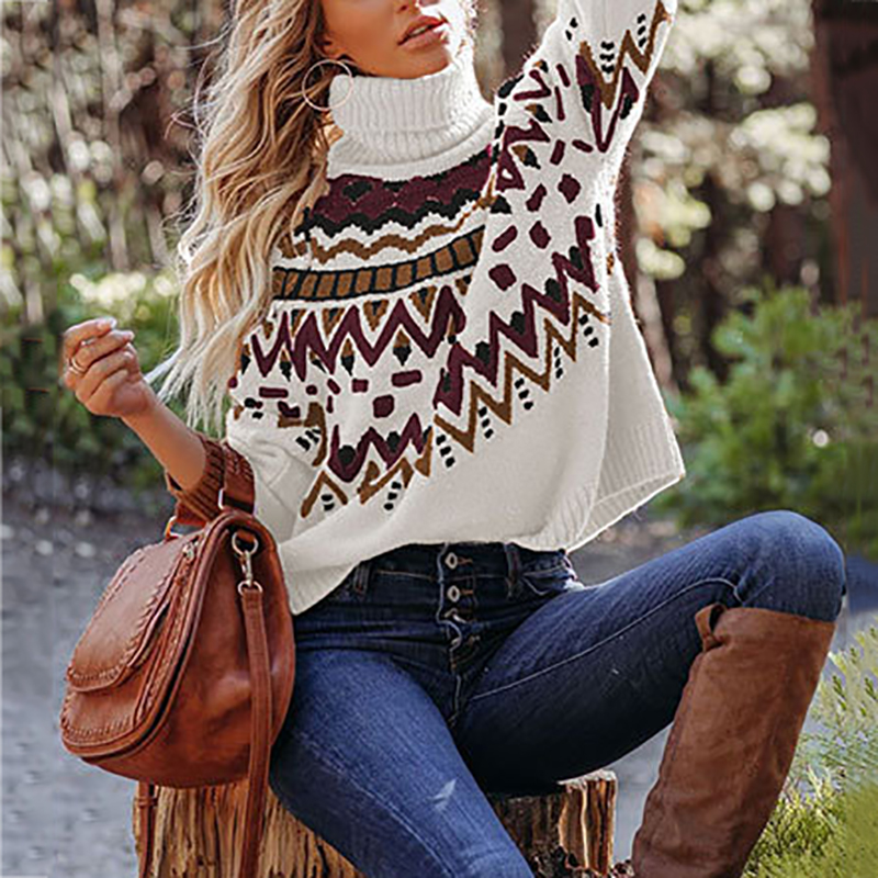 Vintage Striped Panel Contrast Turtleneck Sweater-ABOXUN