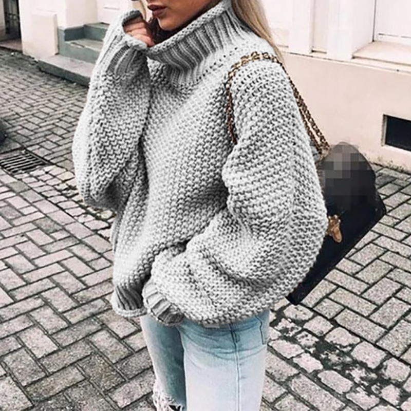 Chunky Half Turtleneck Doll Sleeve Loose Sweater-ABOXUN
