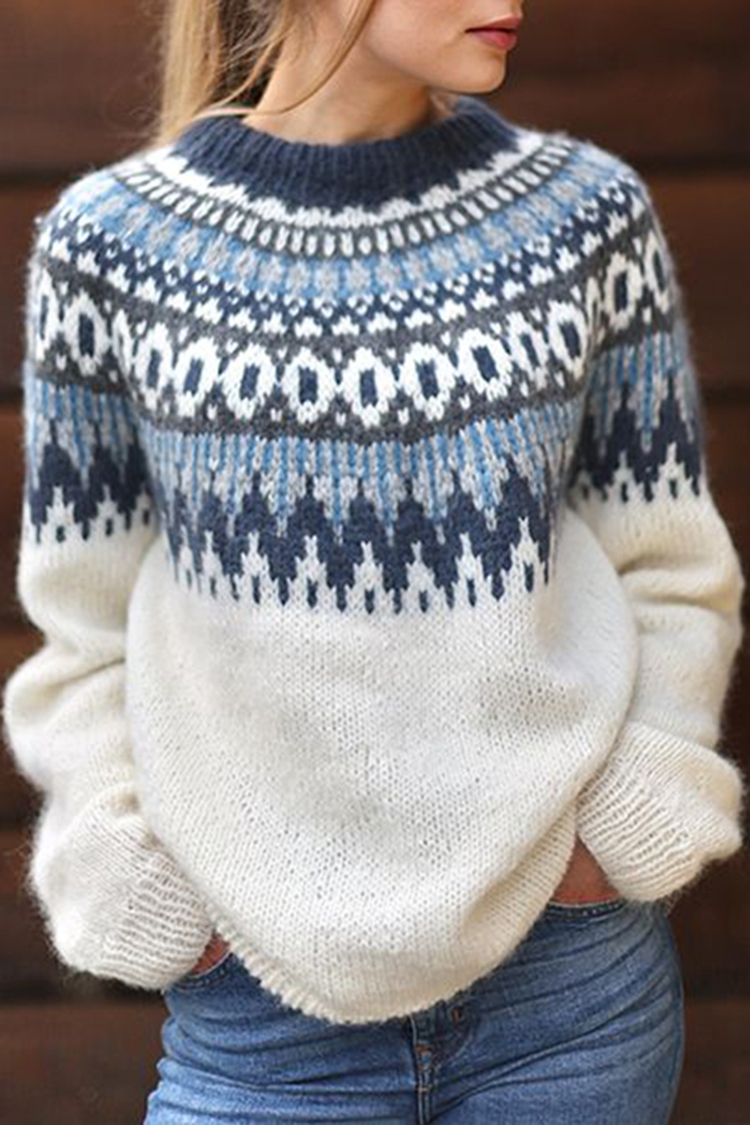 Vintage Geometric Wave Jacquard Long Sleeve Sweater-ABOXUN