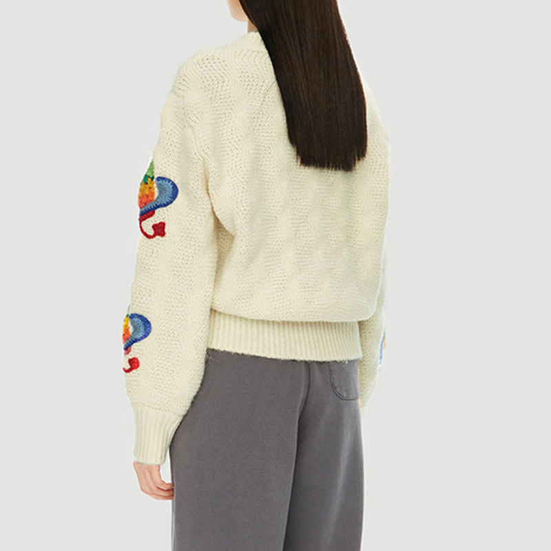 Embroidered Colorful Cat Knit Long Sleeve Cardigan-ABOXUN