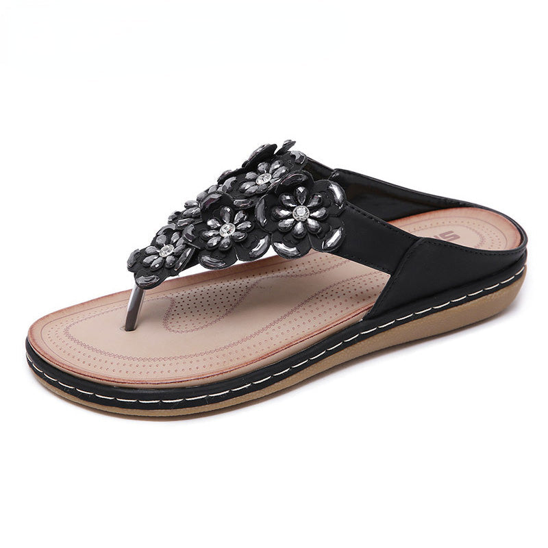 Bohemian Rhinestones Flower Beach Flip Flops Large Size Comfortable Sandals-ABOXUN