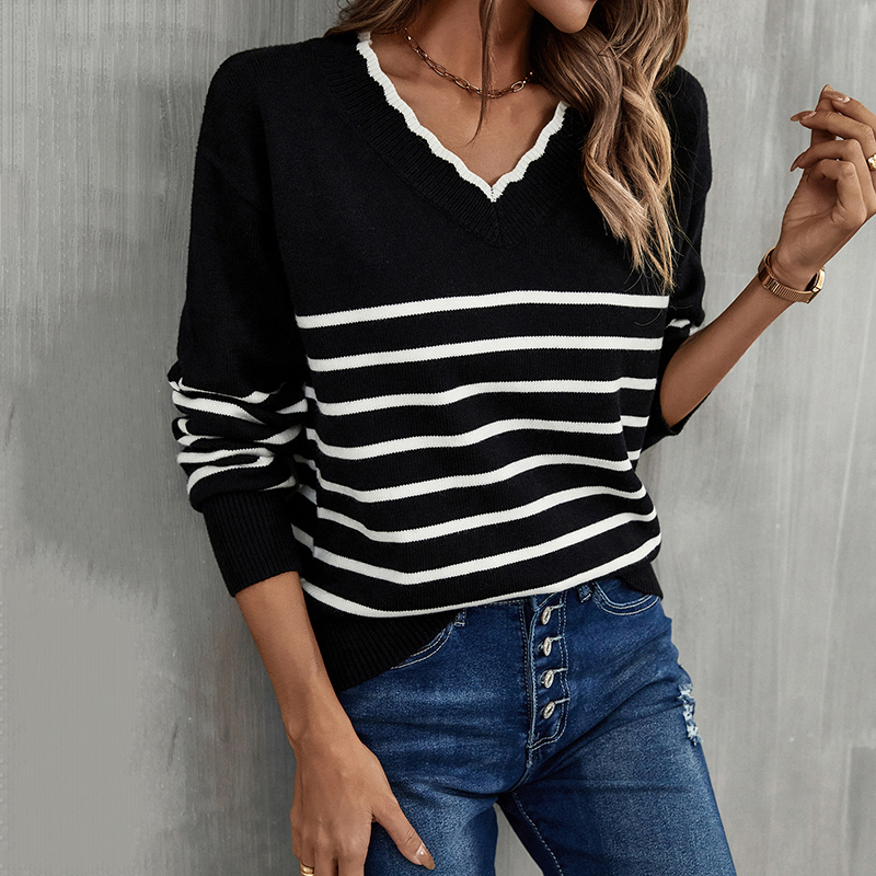 Casual V Neck Wavy Striped Jacquard Sweater-ABOXUN