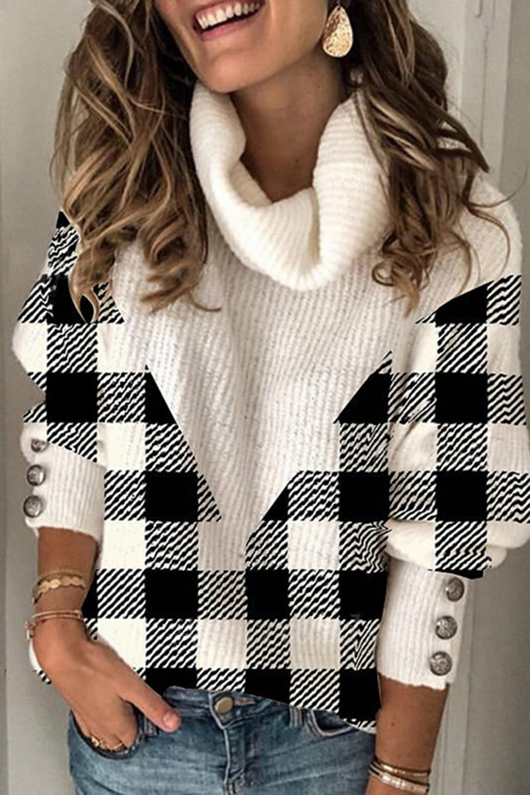 Paneled Plaid Turtleneck Casual Pullover Sweater-ABOXUN