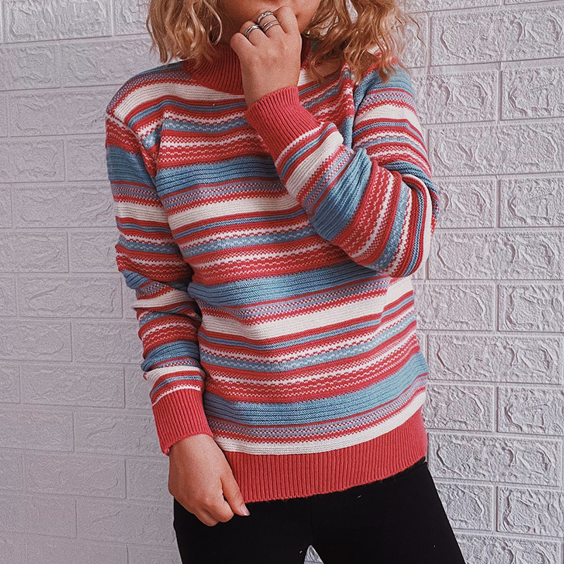Vintage Long Sleeve Turtleneck Striped Sweater-ABOXUN