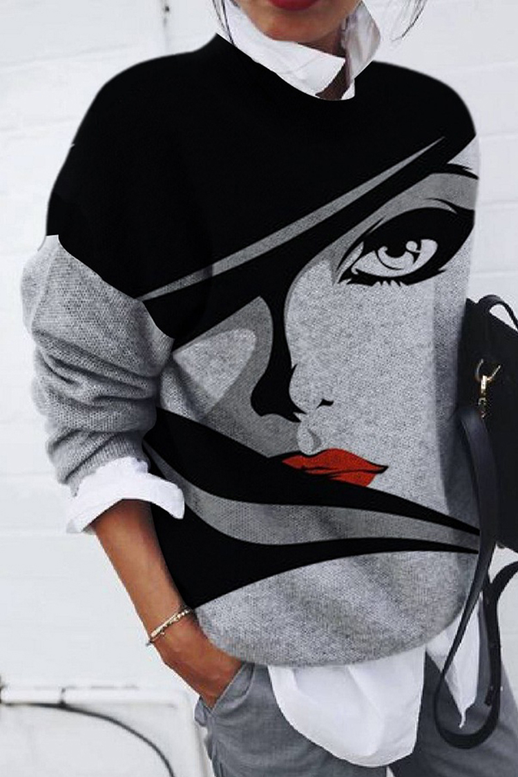 Fashion Abstract Portrait Print Loose Long Sleeve Top-ABOXUN