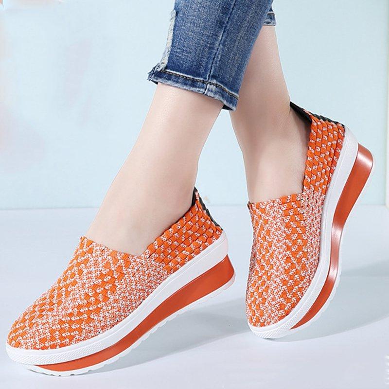 Women Comfy Casual Breathable Elastic Woven Detail Platform Rocker Sole Sneakers-ABOXUN