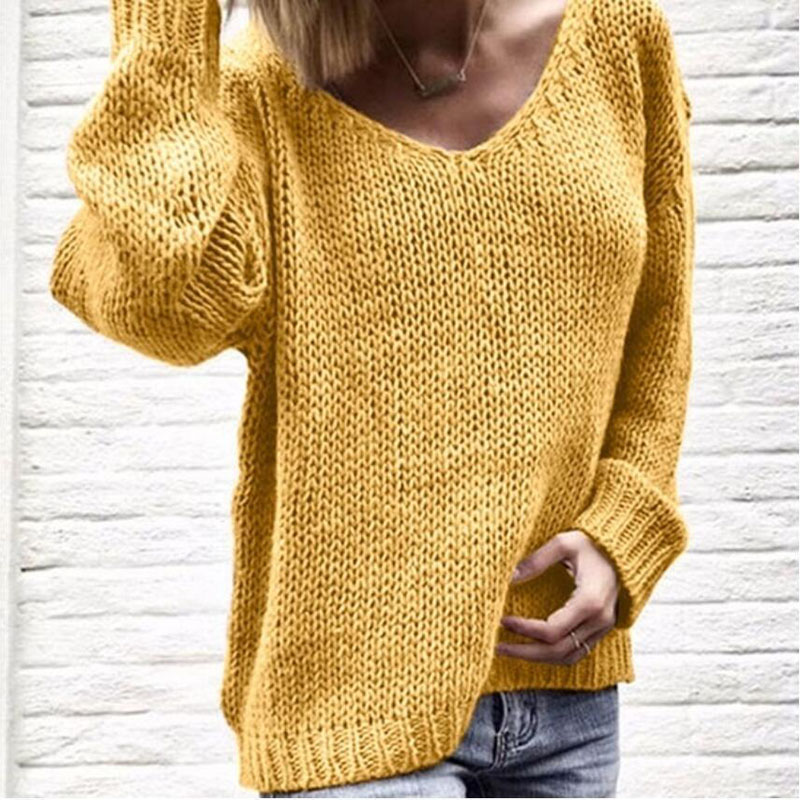 Solid Color V Neck Loose Casual Sweater-ABOXUN