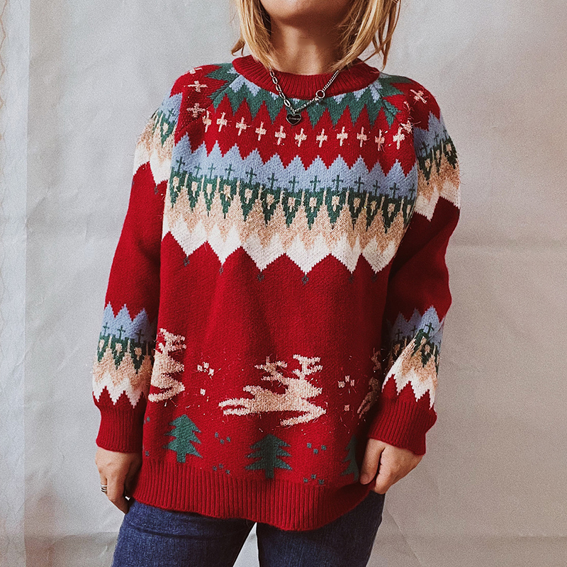 Vintage Christmas Totem Long Sleeve Sweater-ABOXUN