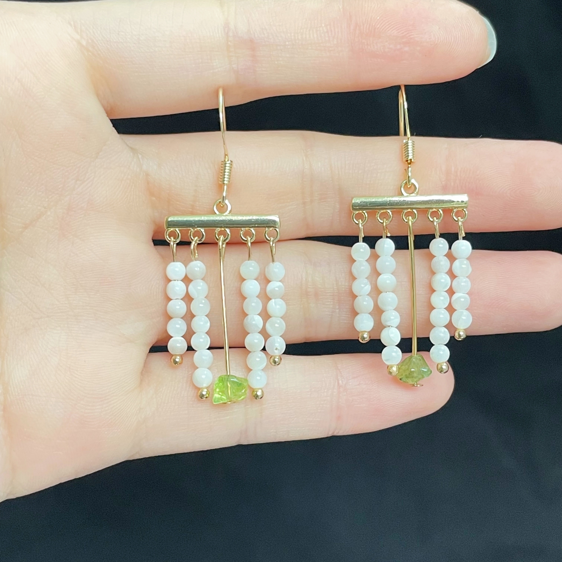 Mother-of-Pearl Beads and Peridot Boho-Chic Tassel Earrings
