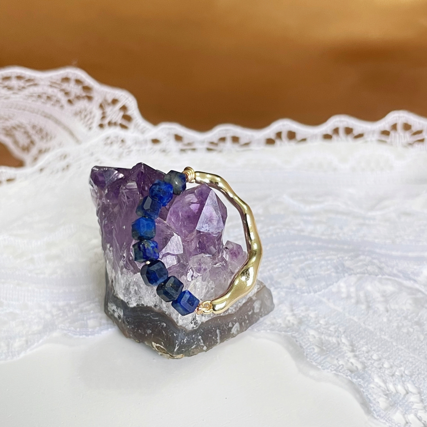 Lapis Lazuli Bead and Irregular Metal Energy Ring