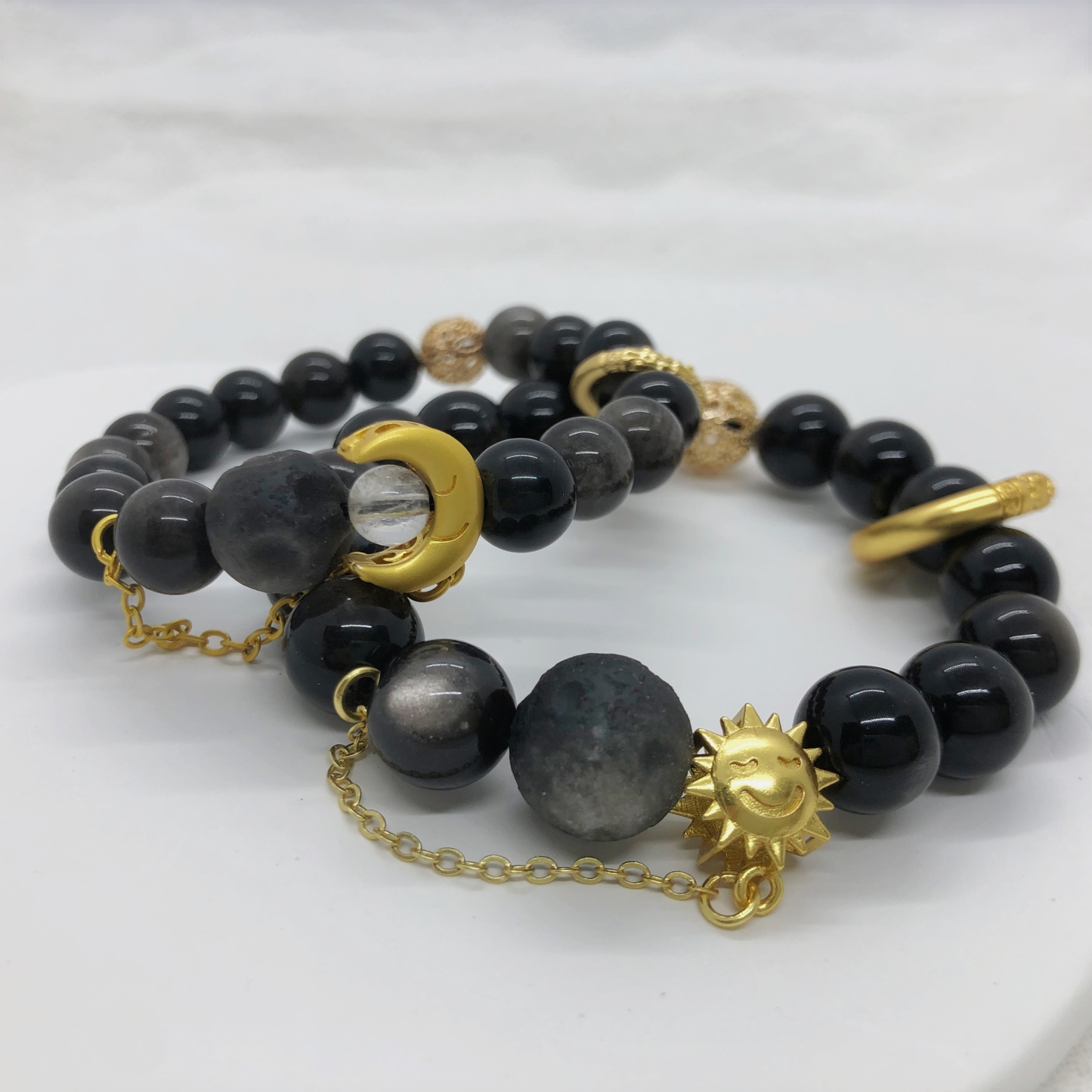 Silver Obsidian Bracelets with Sun or Moon Charms-likayjewel