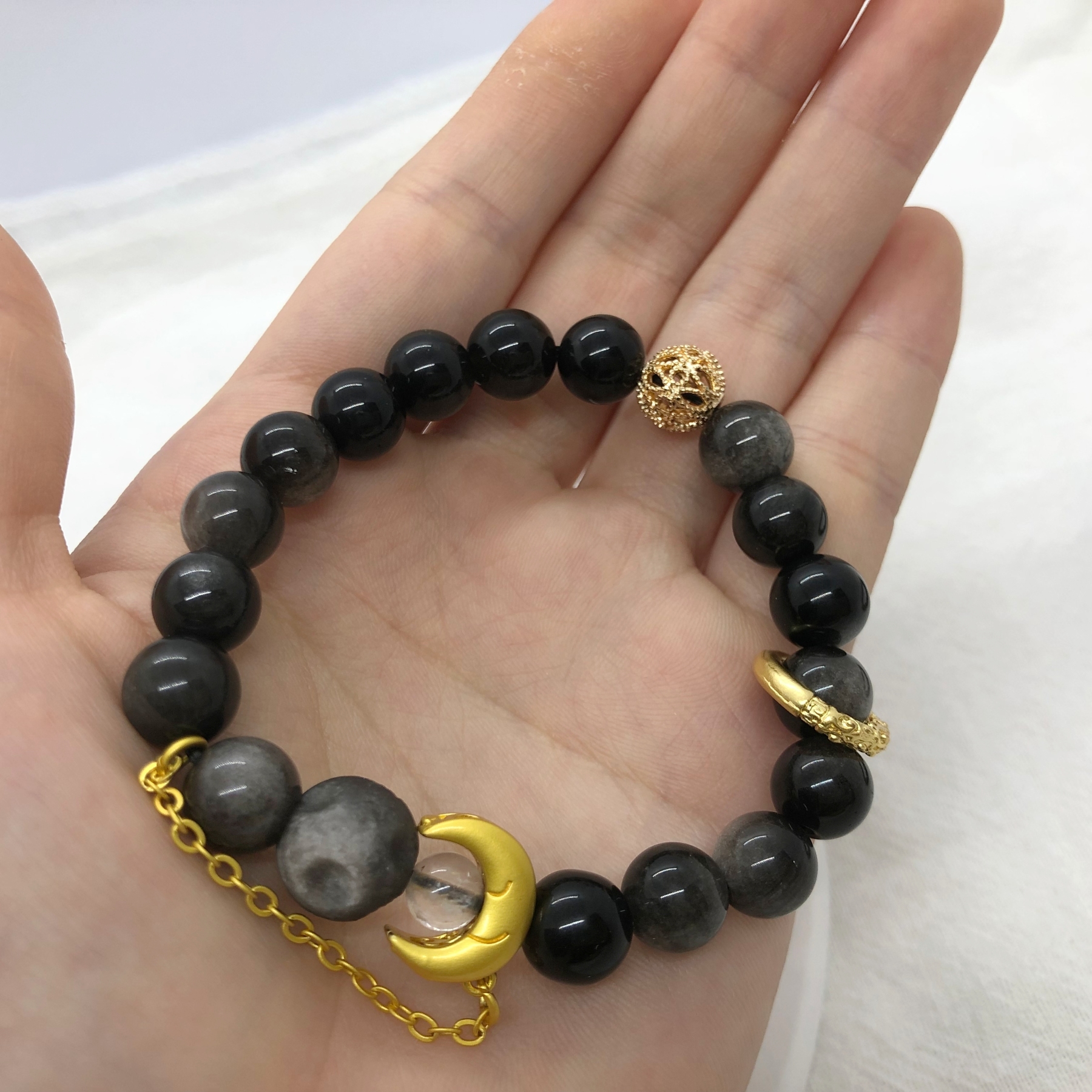 Silver Obsidian Bracelets with Sun or Moon Charms-likayjewel