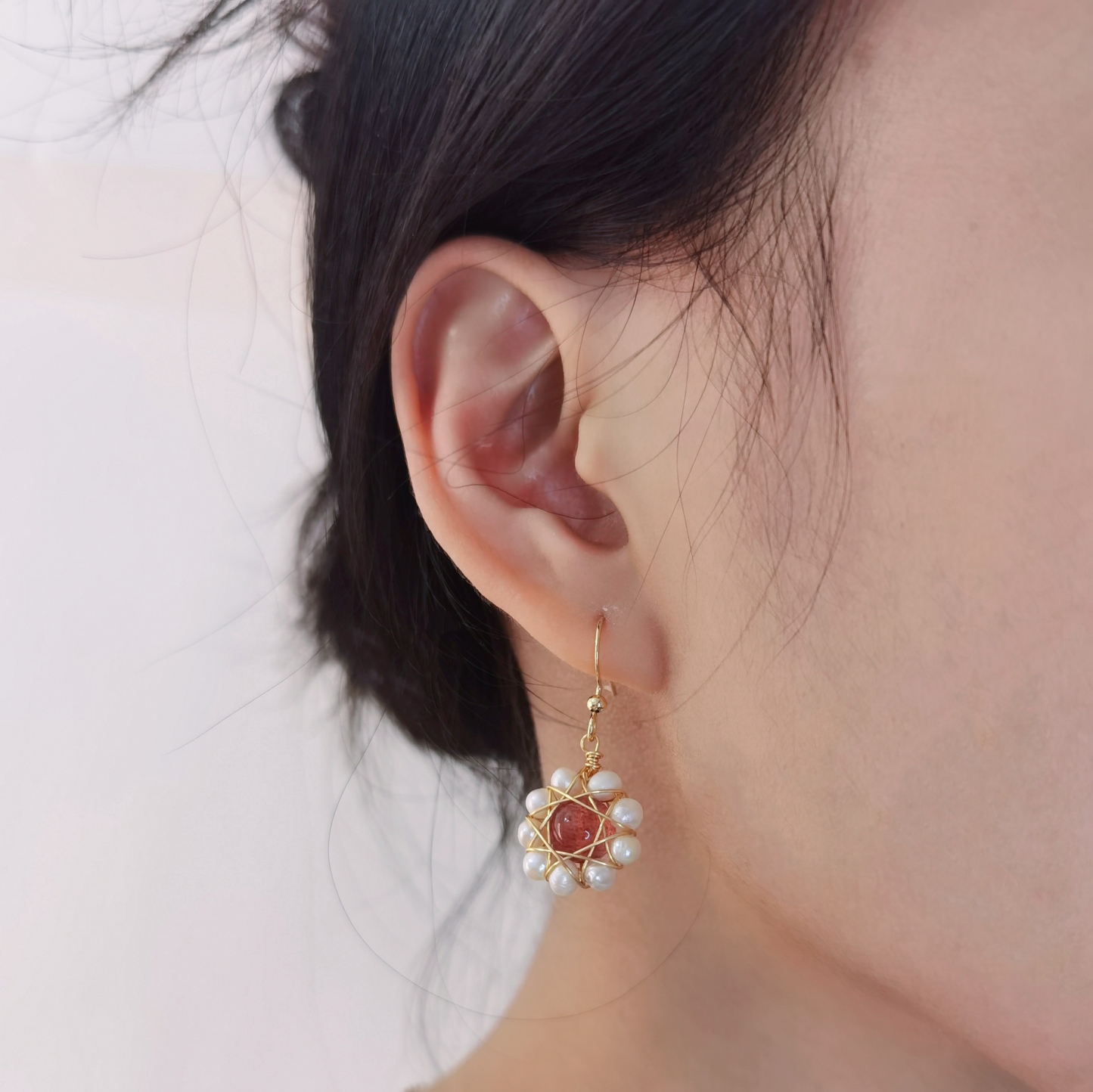 Strawberry Quartz Flower Drop Earrings-likayjewel