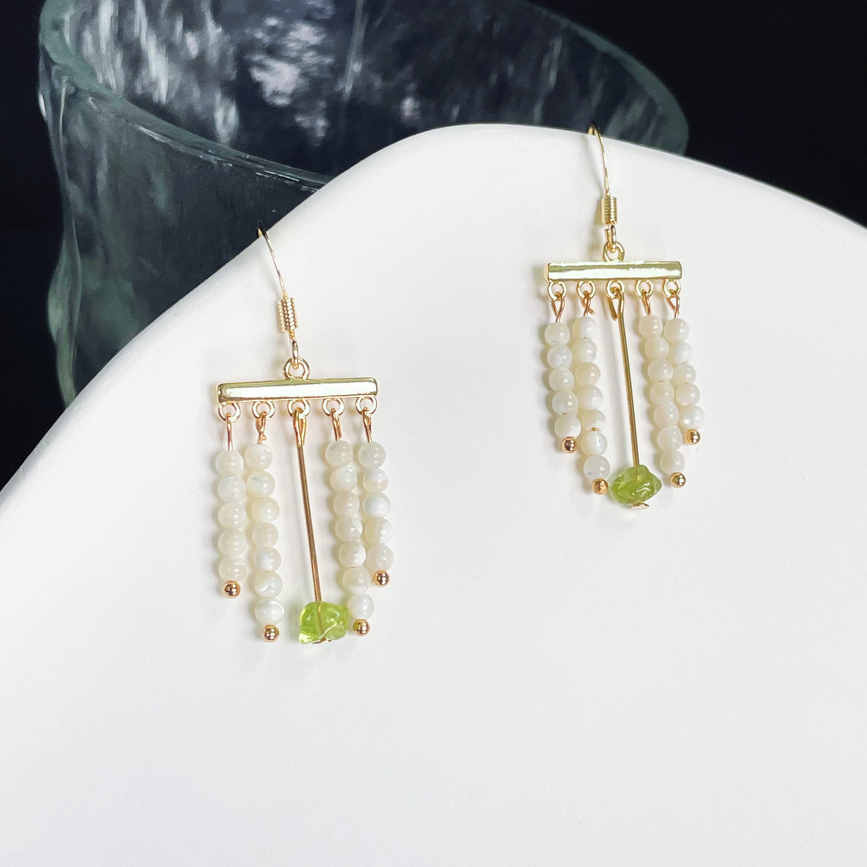 Mother-of-Pearl Beads and Peridot Boho-Chic Tassel Earrings