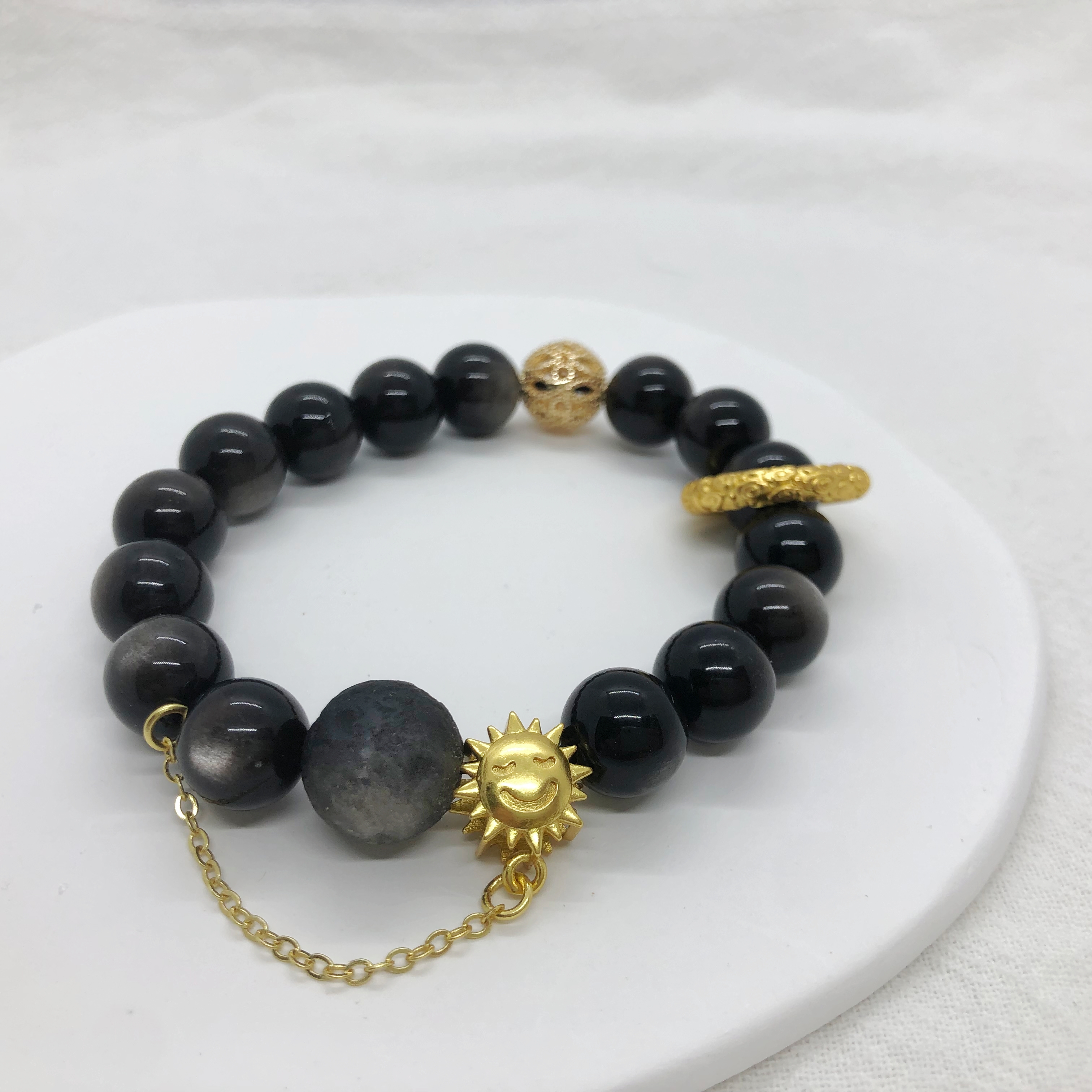 Silver Obsidian Bracelets with Sun or Moon Charms-likayjewel