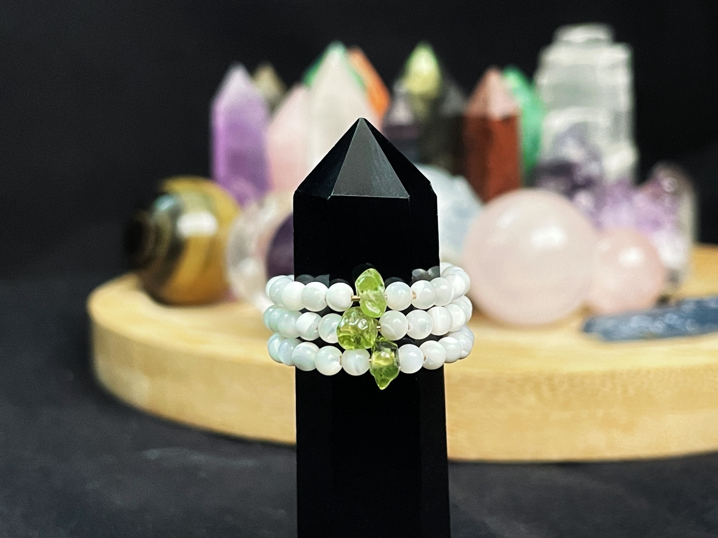 Stackable Ring with Mother-of-Pearl beads and Peridot