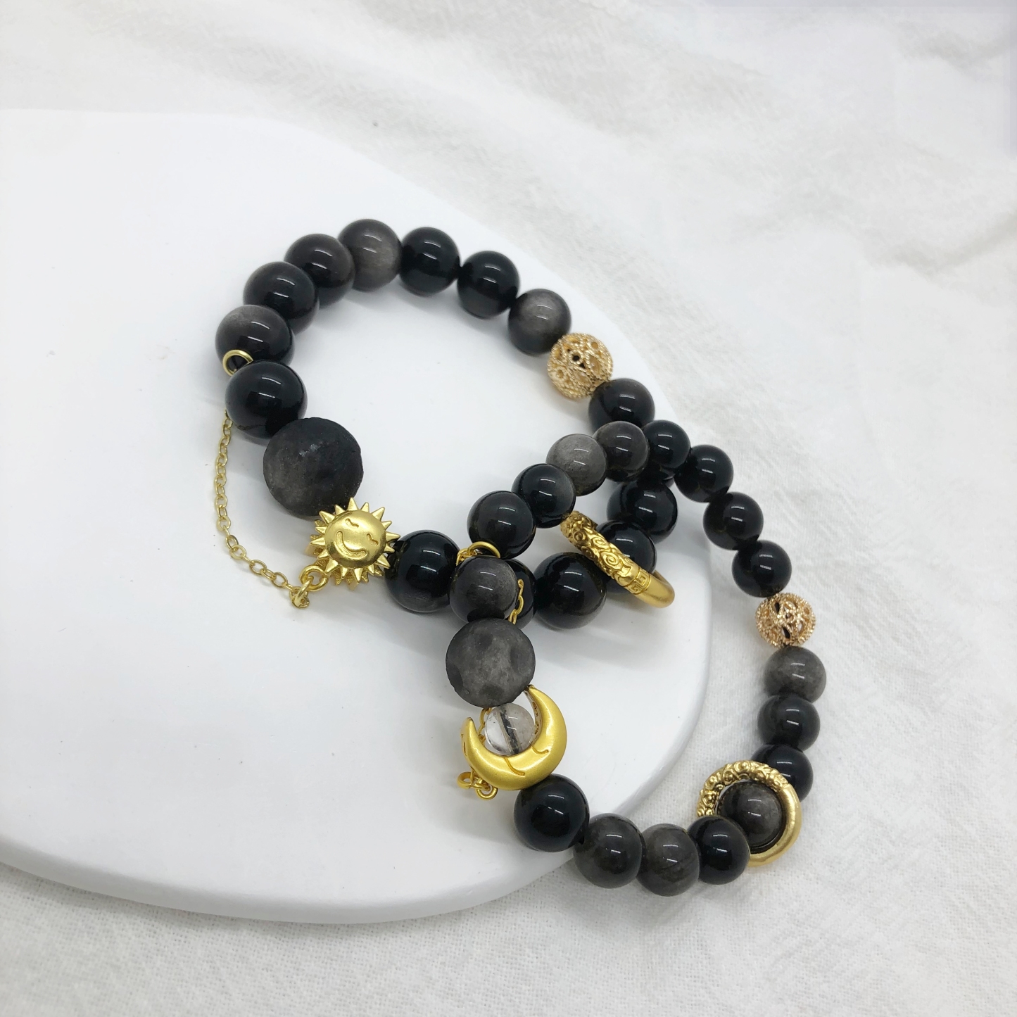 Silver Obsidian Bracelets with Sun or Moon Charms-likayjewel