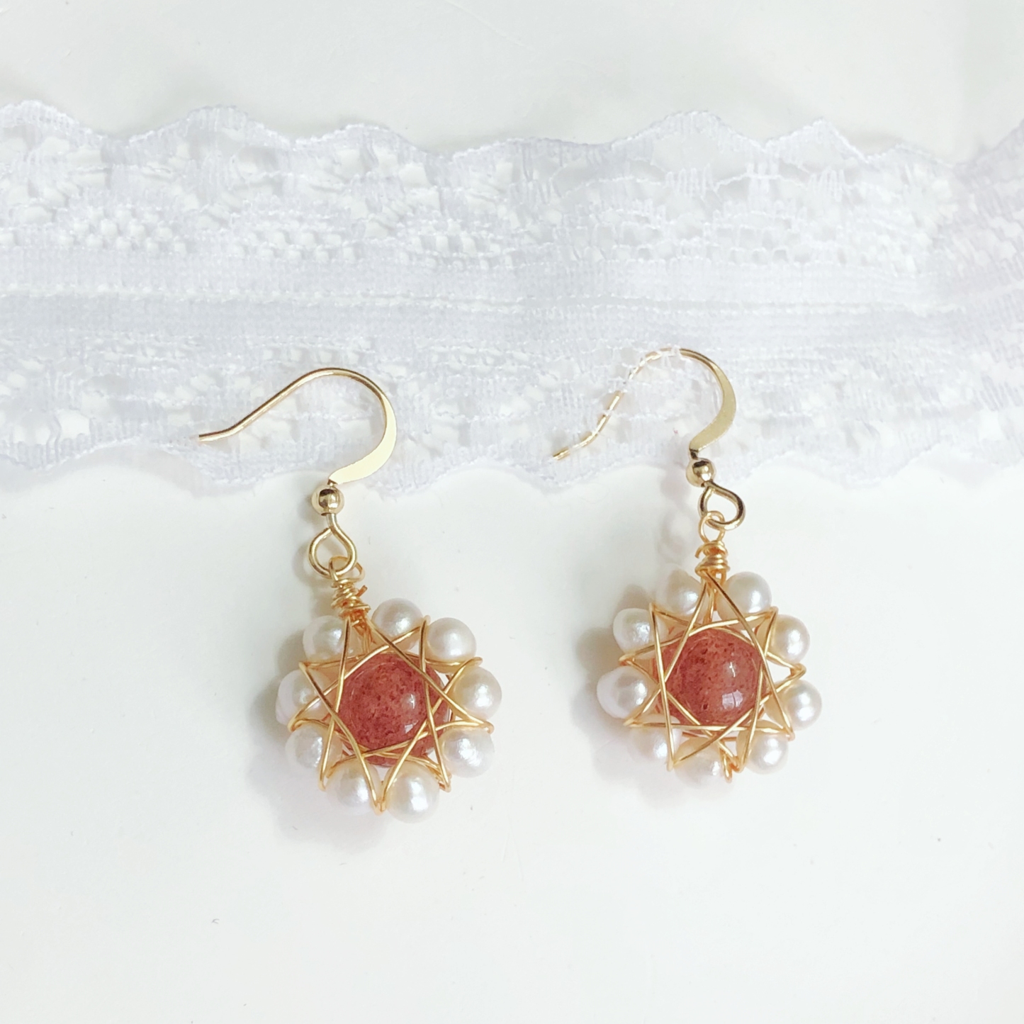 Strawberry Quartz Flower Drop Earrings-likayjewel