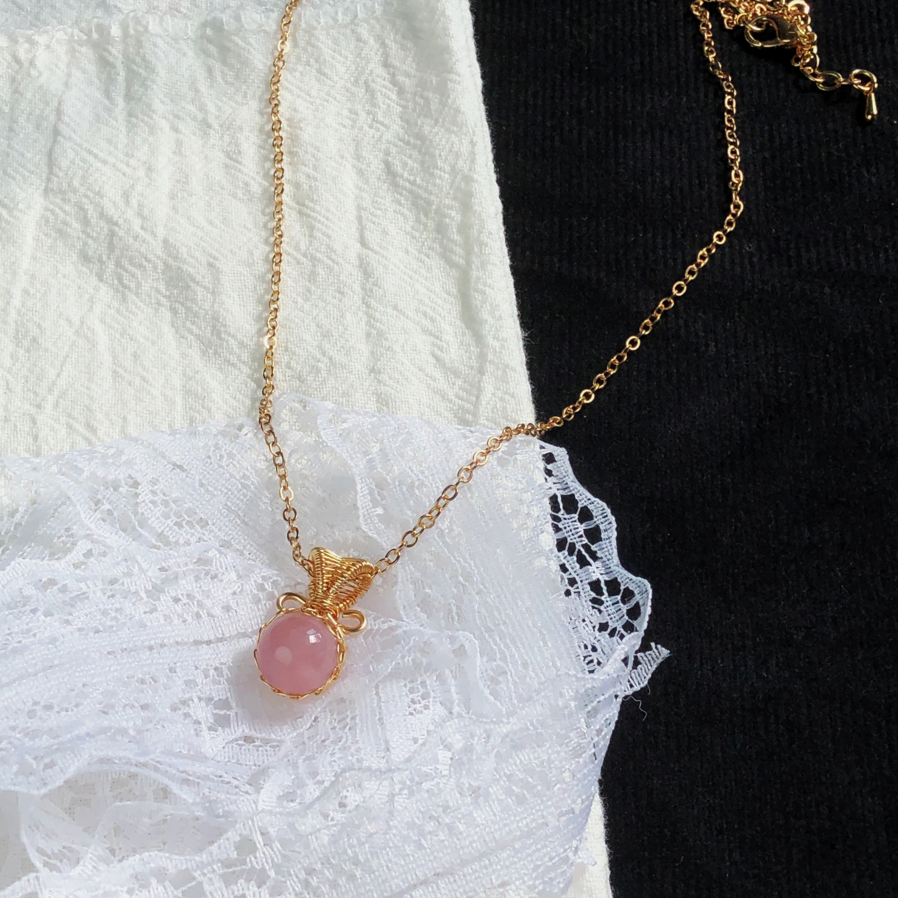 Rose Quartz Necklace Wire-Wrapped Design Necklace-likayjewel
