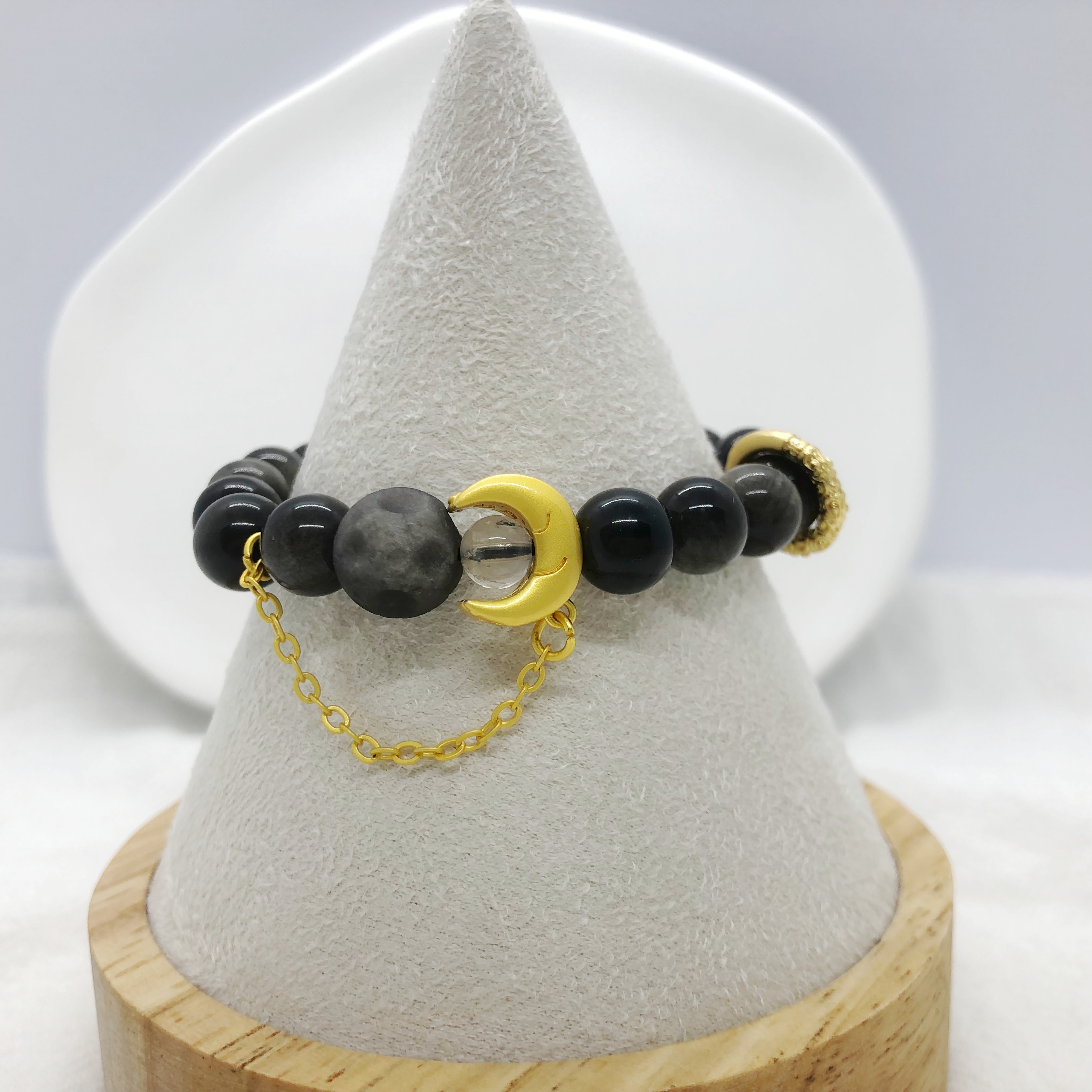 Silver Obsidian Bracelets with Sun or Moon Charms-likayjewel