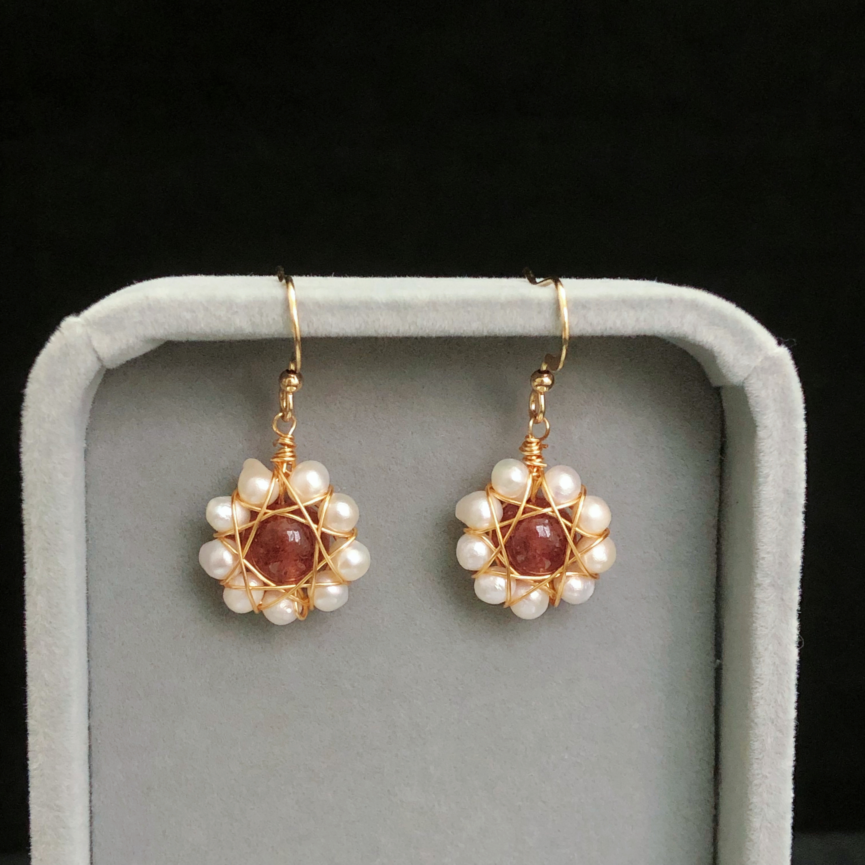 Strawberry Quartz Flower Drop Earrings-likayjewel
