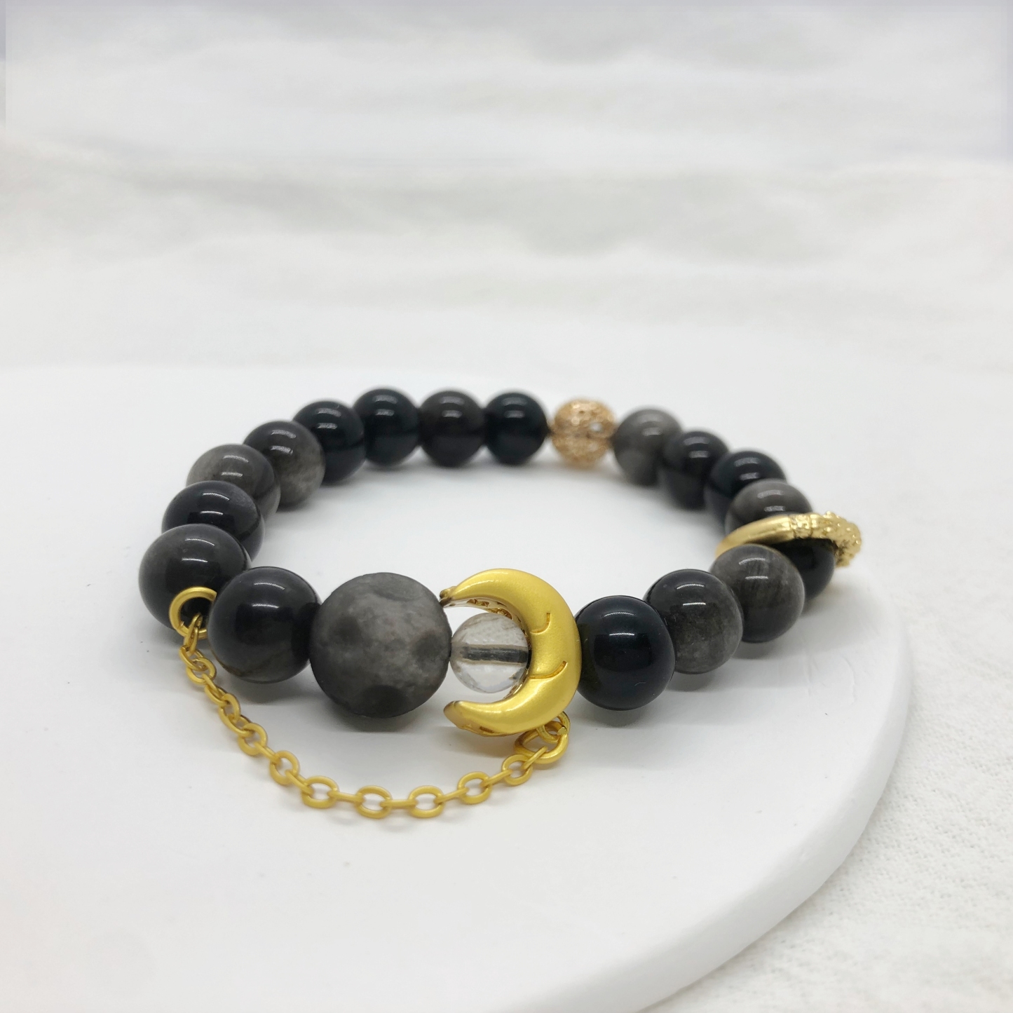 Silver Obsidian Bracelets with Sun or Moon Charms-likayjewel