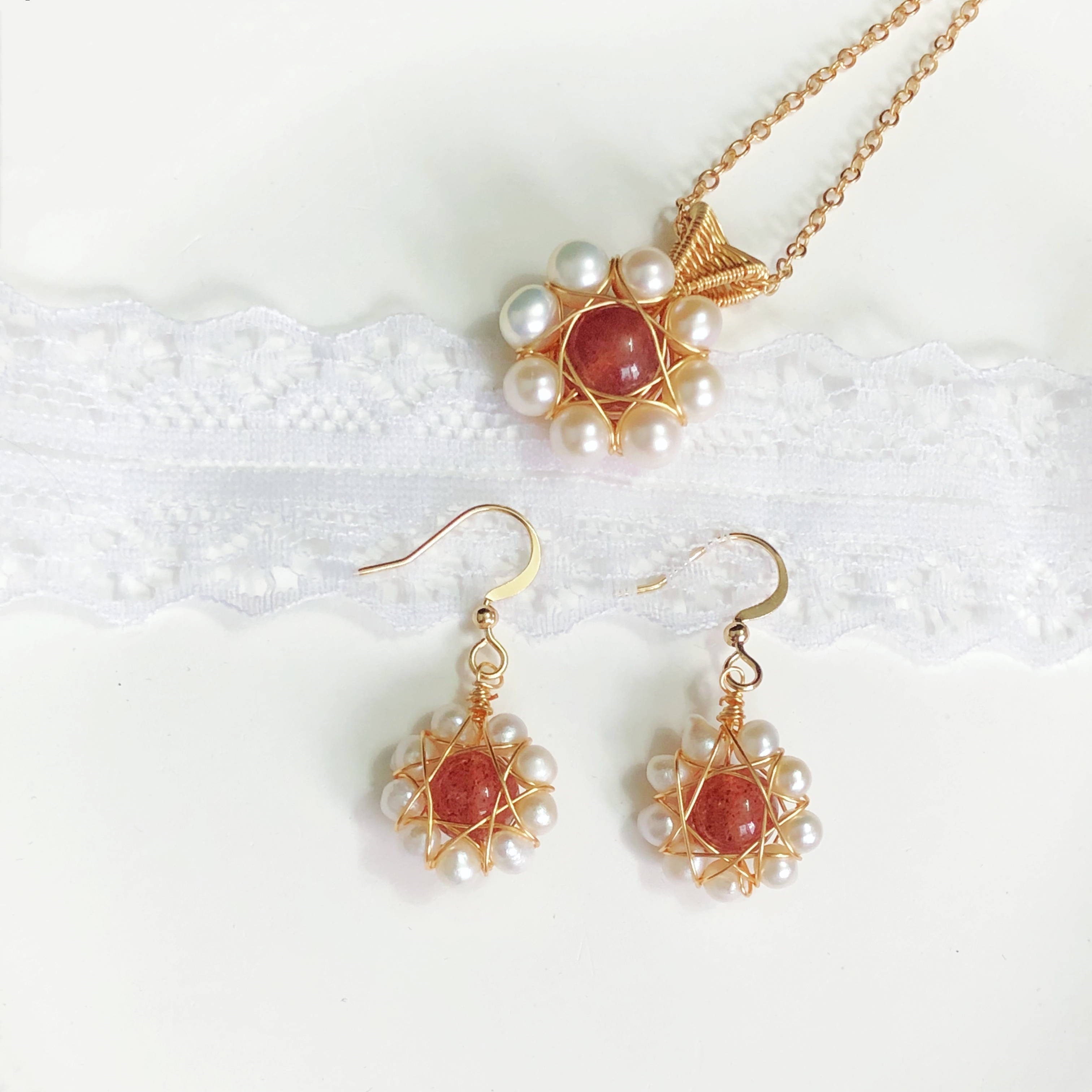 Strawberry Quartz Flower Drop Earrings-likayjewel