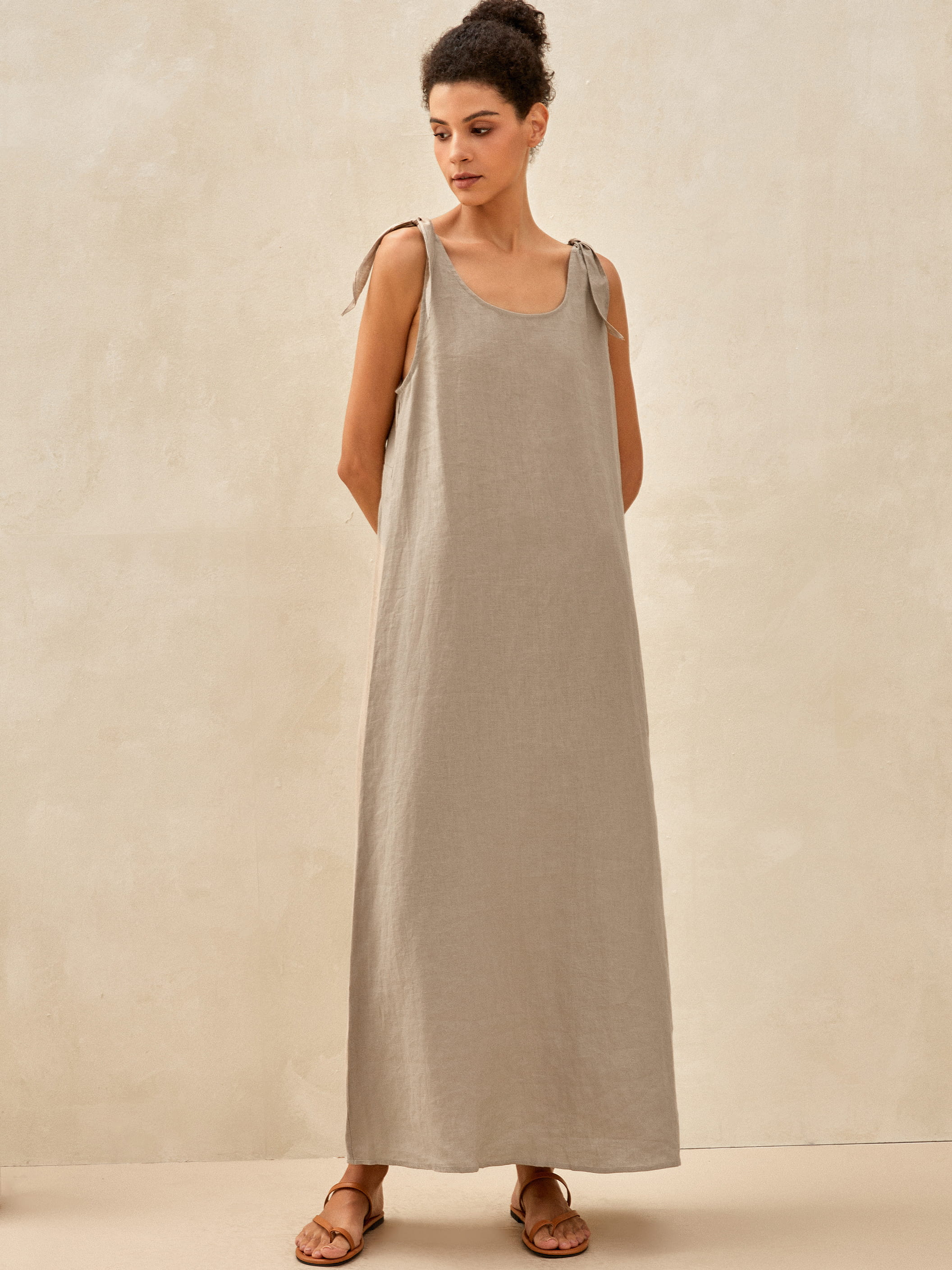 QEARL 100% LINEN CAMISOLE DRESS