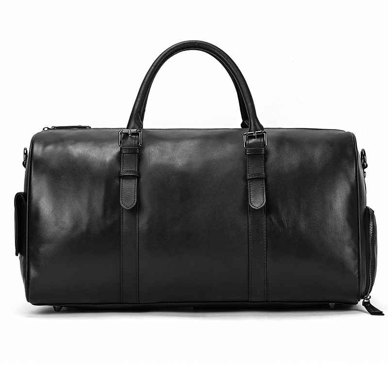 Black Genuine Leather Travel Bag With Shoe Slot-