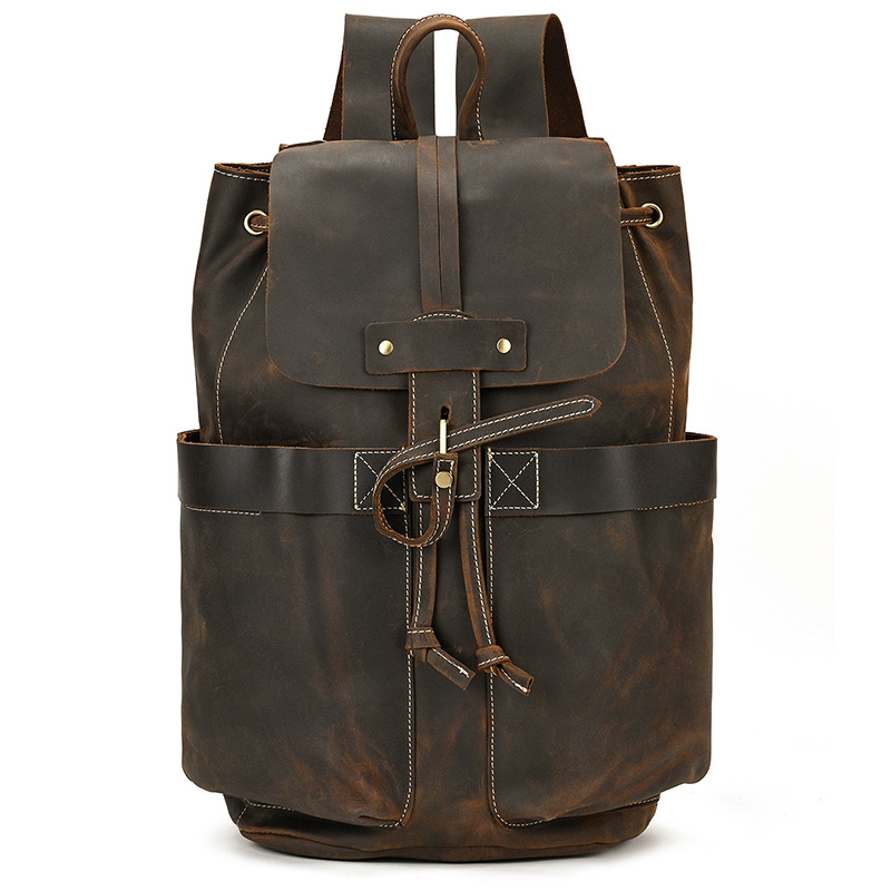 Crazy Horse Leather Flap Drawstring Backpack-