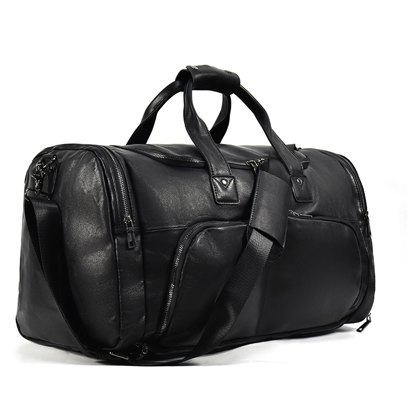 Black Full Grain Leather Casual Travel Bag Duffle Bag -