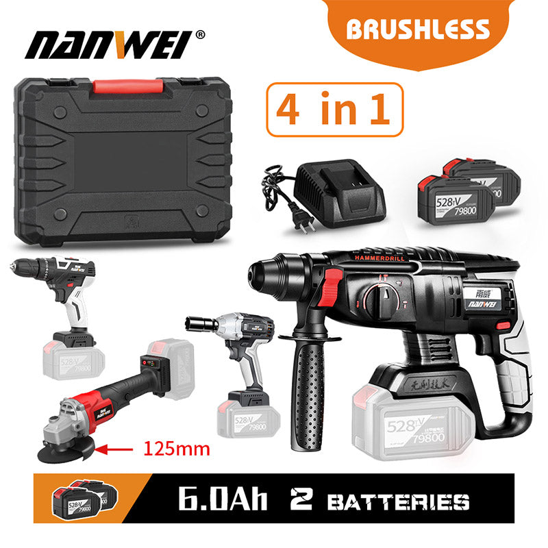 Power Tool Kit 3/4 Piece Drill/Wrench/Hammer/Angle Grinder - NANWEI