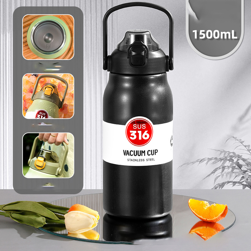 1500 Stainless Steel Large Capacity Water Bottle With Straw