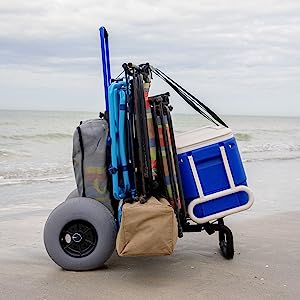 mybeachcart on sandy beach loaded with beach gear